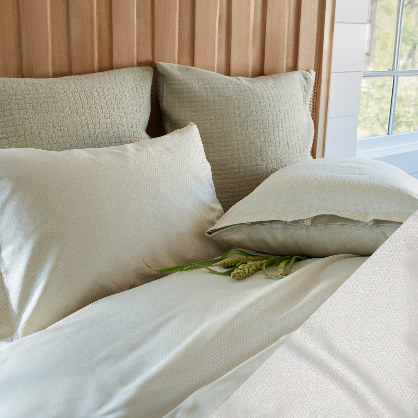 Closeup of SDH Aden Bedding with Latte Swatch