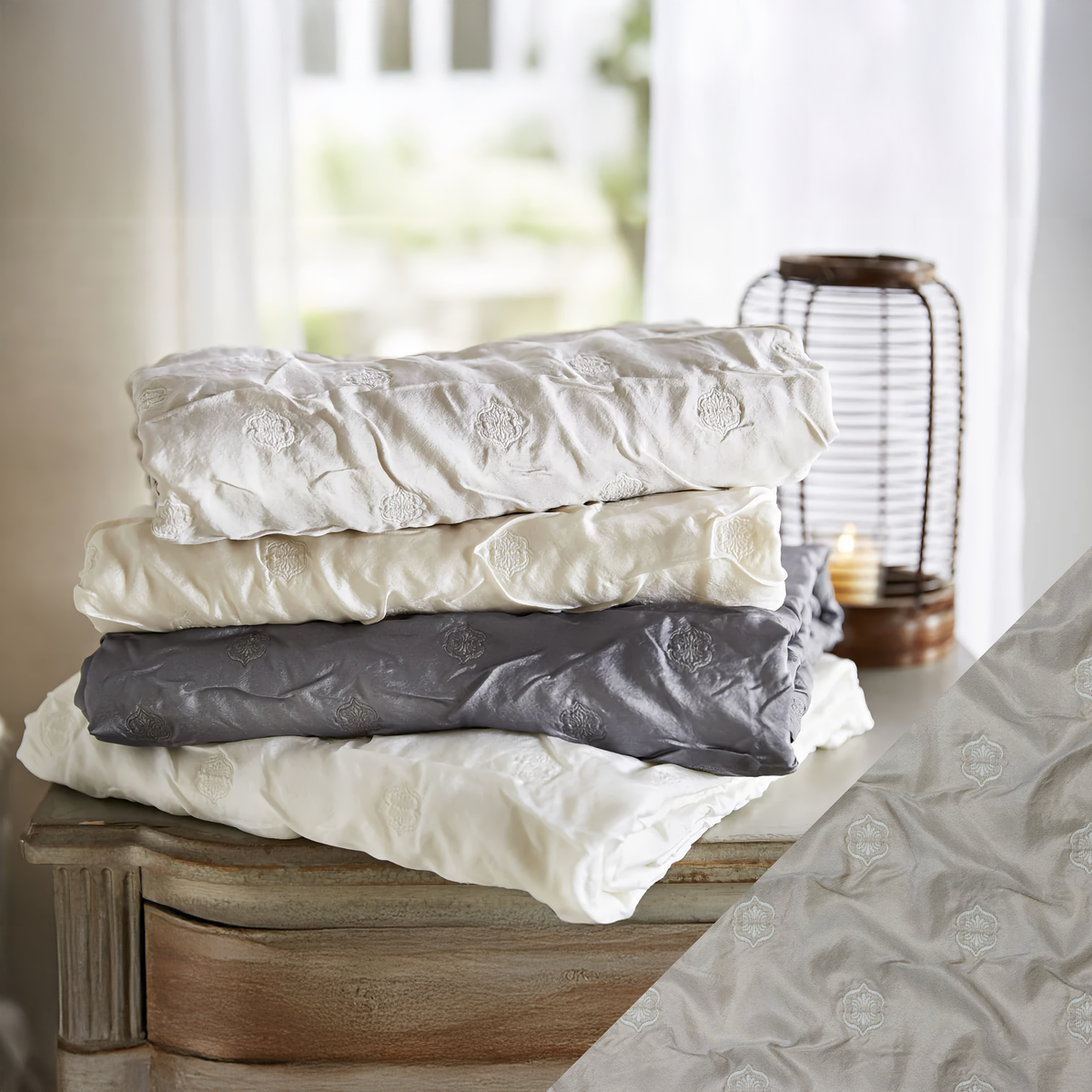 Stack of SDH Anna Bedding with Cappuccino Swatch