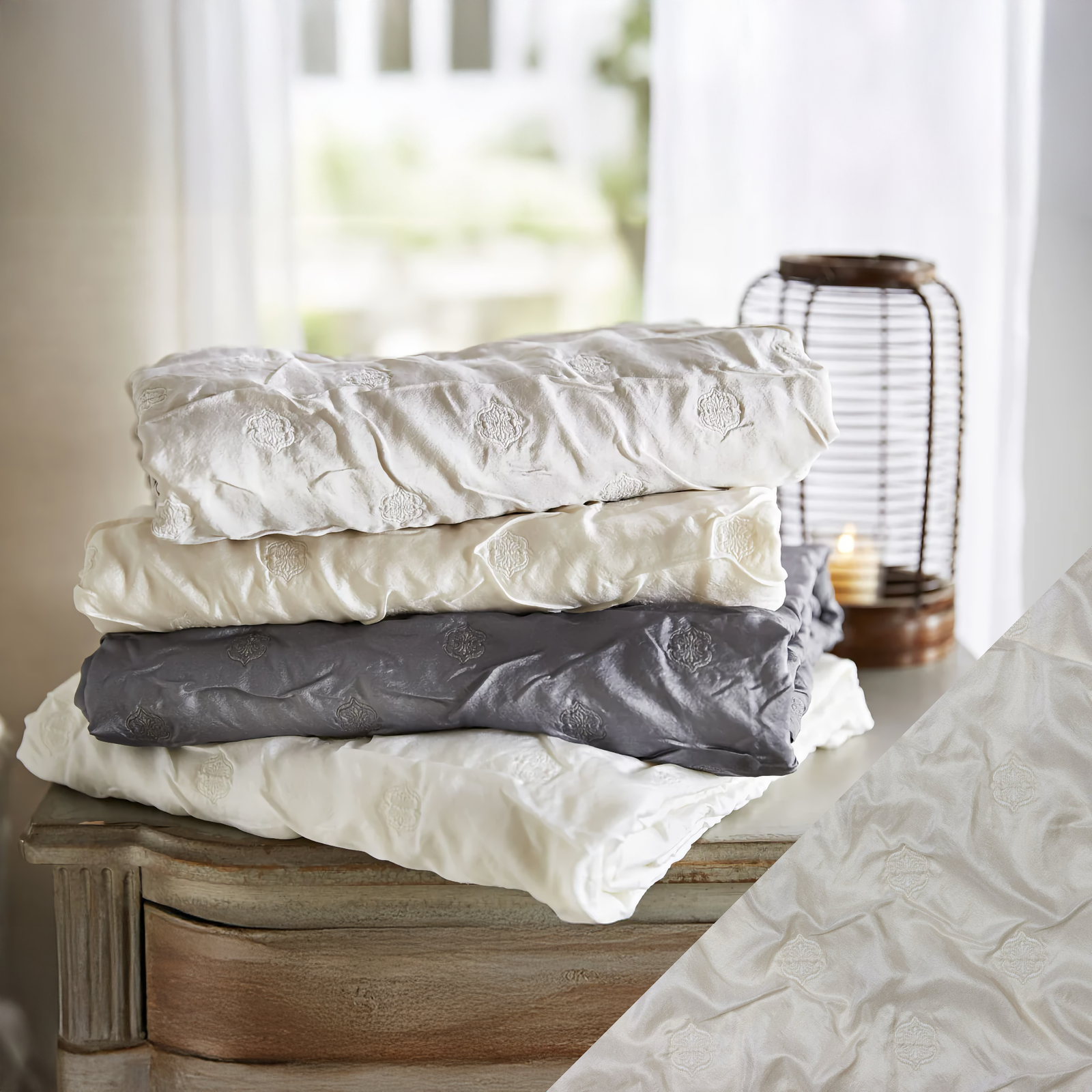 Stack of SDH Anna Bedding with Ecru Swatch