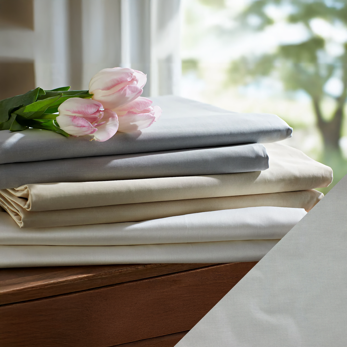 Stack of SDH Aria Sateen Beddings with Ice Swatch