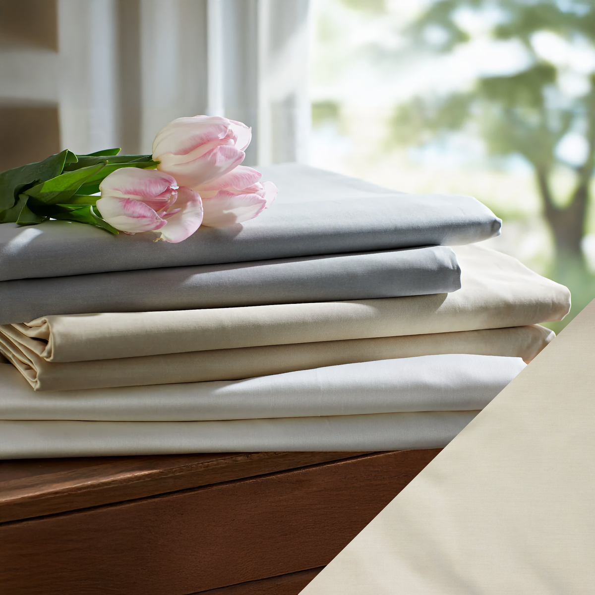 Stack of SDH Aria Sateen Beddings with Tan Swatch