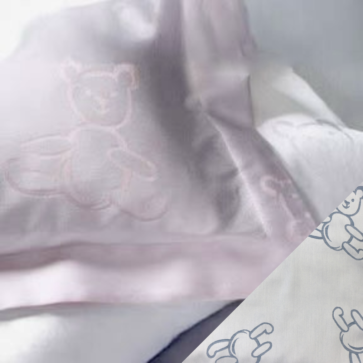 Closeup of SDH Bear Baby Bedding with Blue Swatch