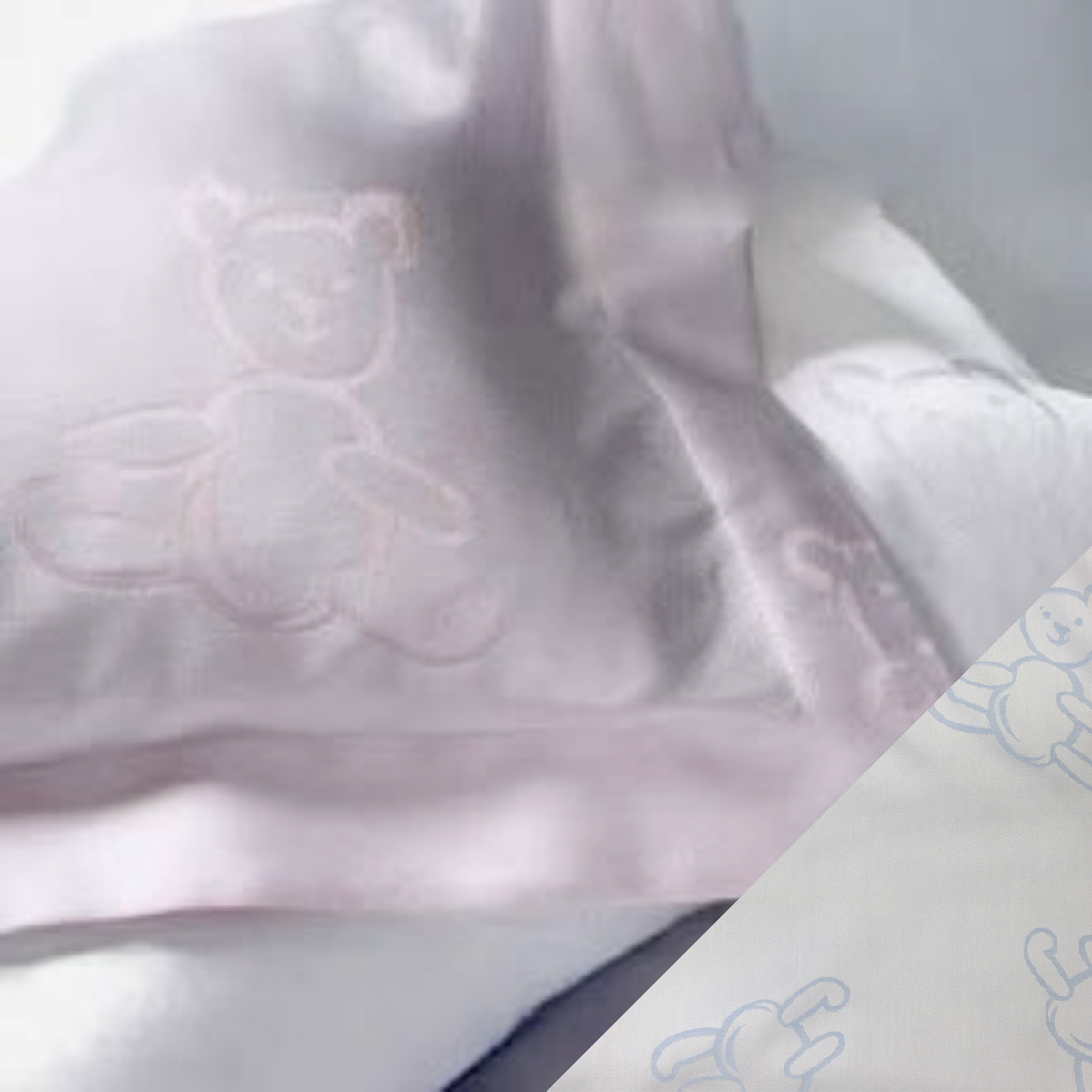 Closeup of SDH Bear Baby Bedding with Light Blue Swatch