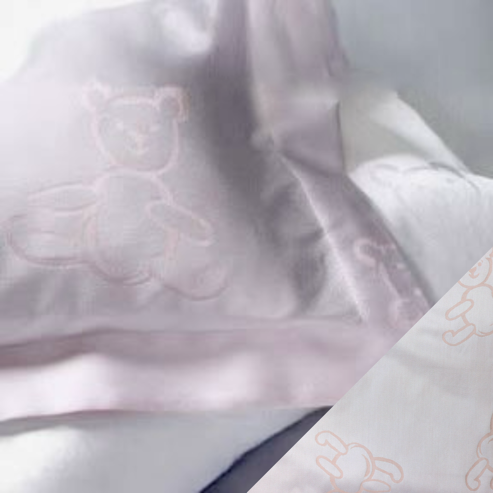 Closeup of SDH Bear Baby Bedding with Rosewater Swatch