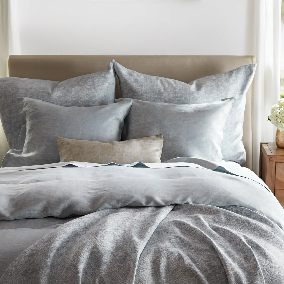 Bellini Ice standard pillows and duvet cover, Bellini Teak 12" x 24" decorative pillow, Bellini Cover Ice large decorative pillows and cover, Canterbury Ice sheeting.