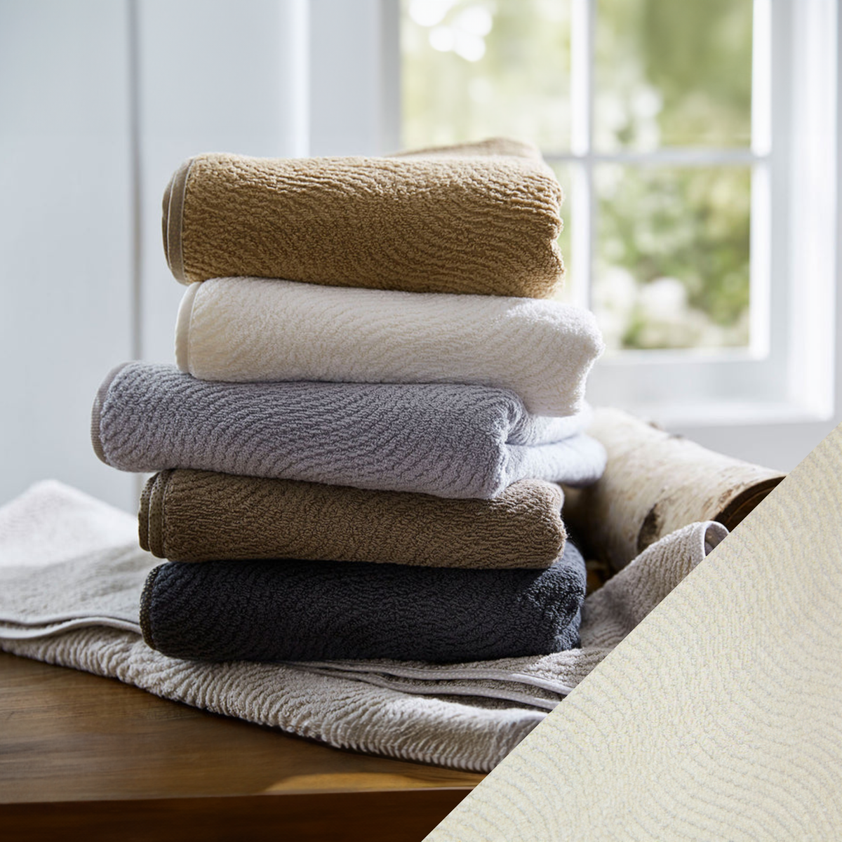 Stack of SDH Big Sur Bath Towels and Mats with Stucco Swatch