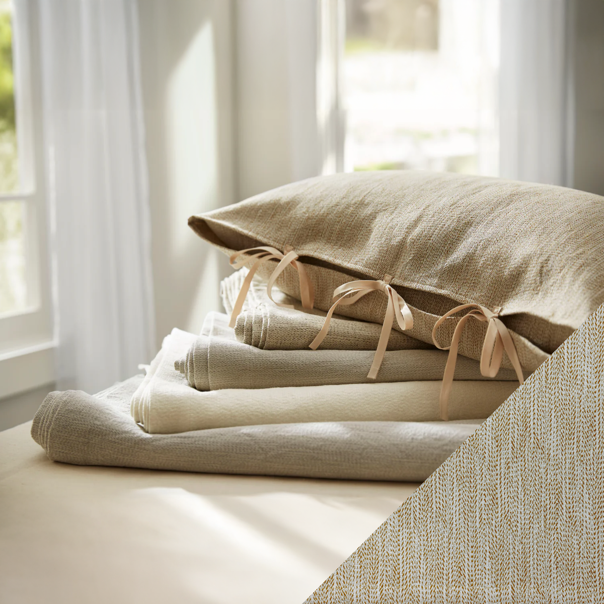 Stack of SDH Camden Bedding with Dijon Swatch