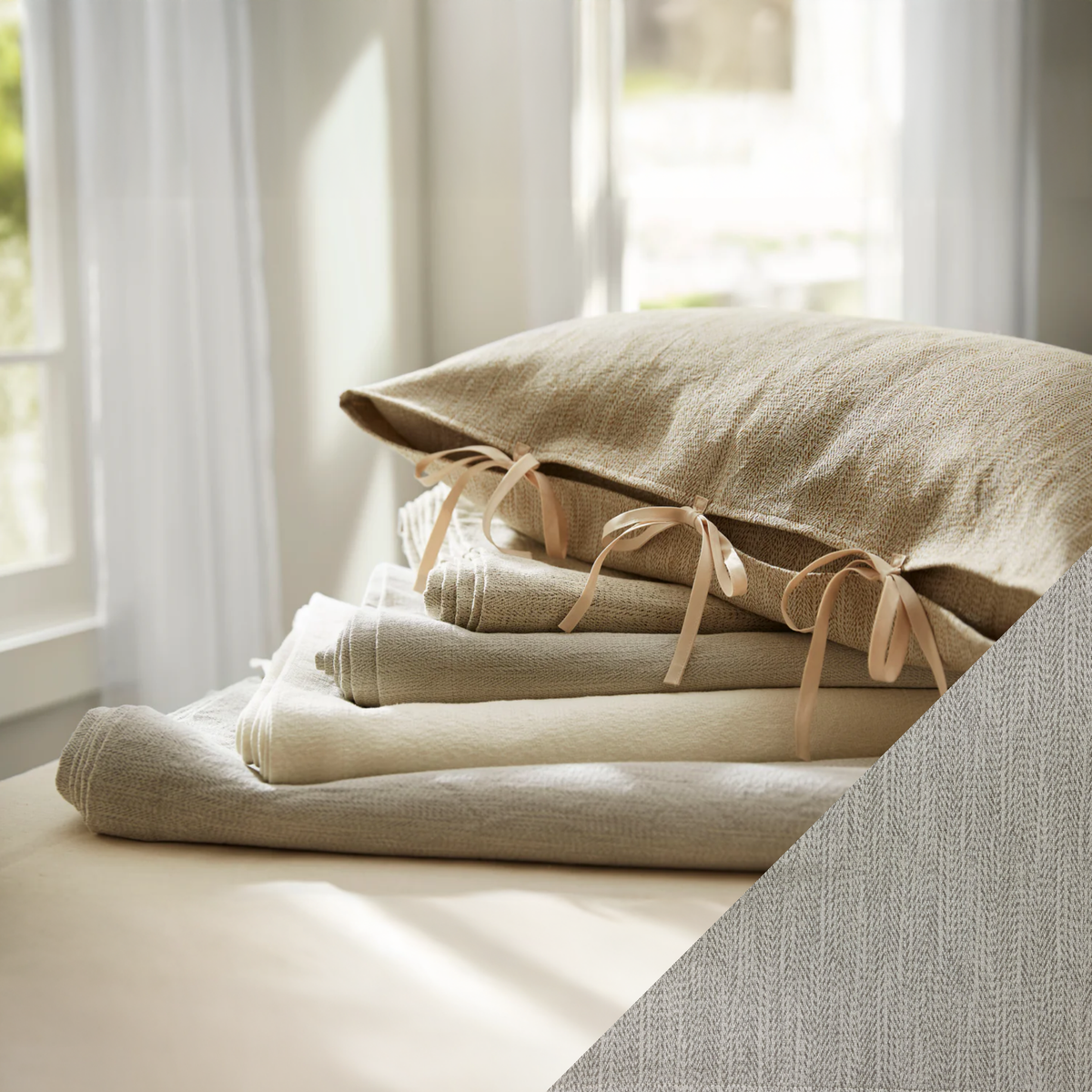 Stack of SDH Camden Bedding with Dove Swatch