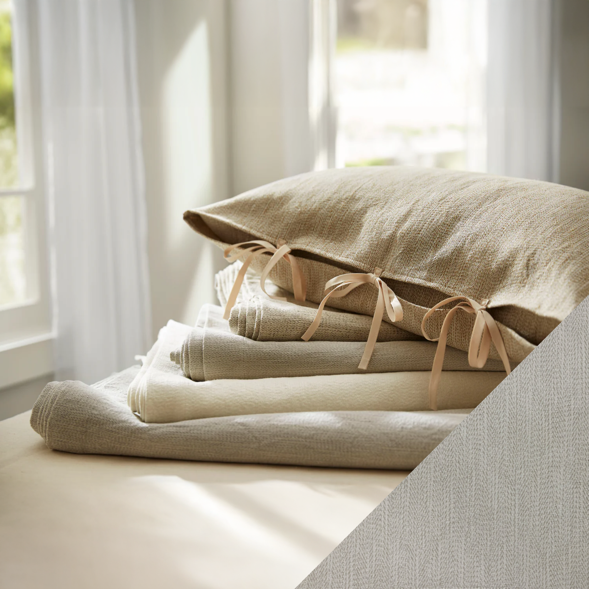 Stack of SDH Camden Bedding with Rye Swatch