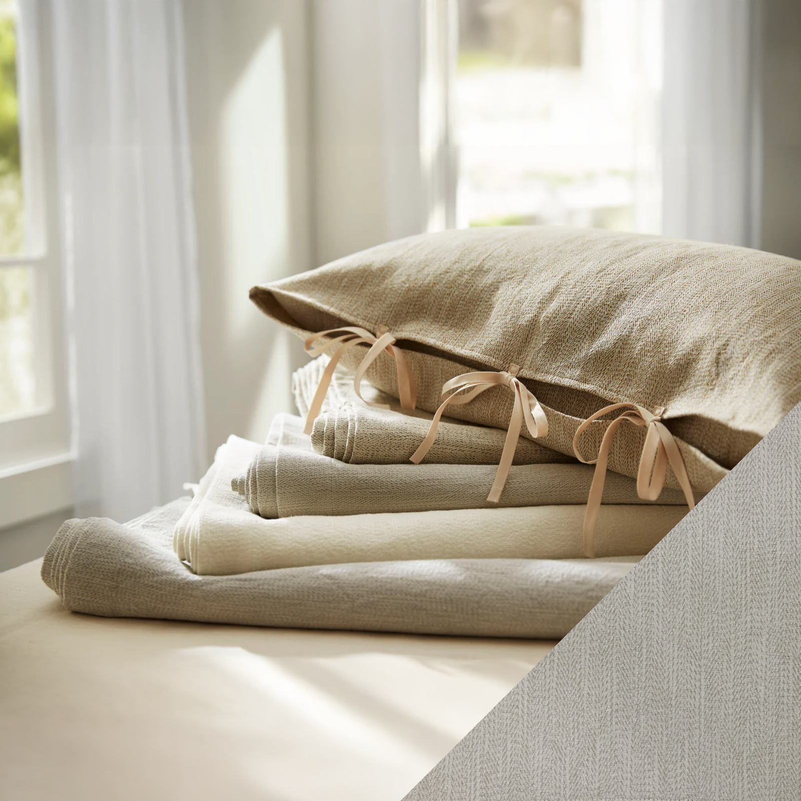 Stack of SDH Camden Bedding with Rye Swatch