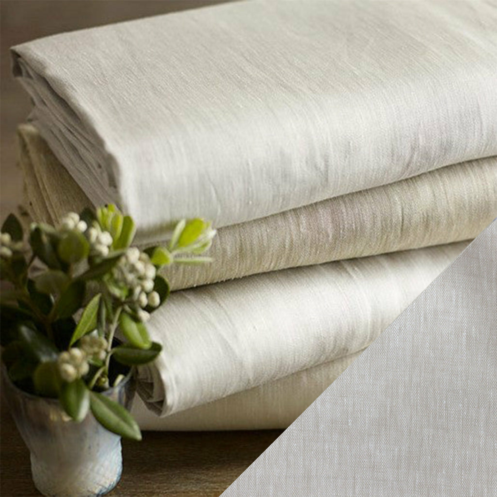 Stack of Folded SDH Canterbury Bedding with Swatch Sample in Color Marzipan