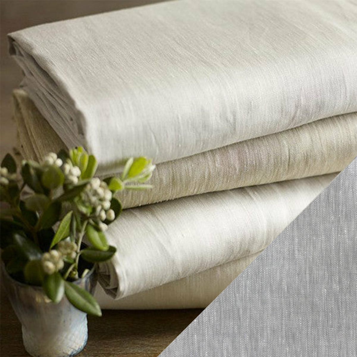 Stack of Folded SDH Canterbury Bedding with Swatch Sample in Color Slate