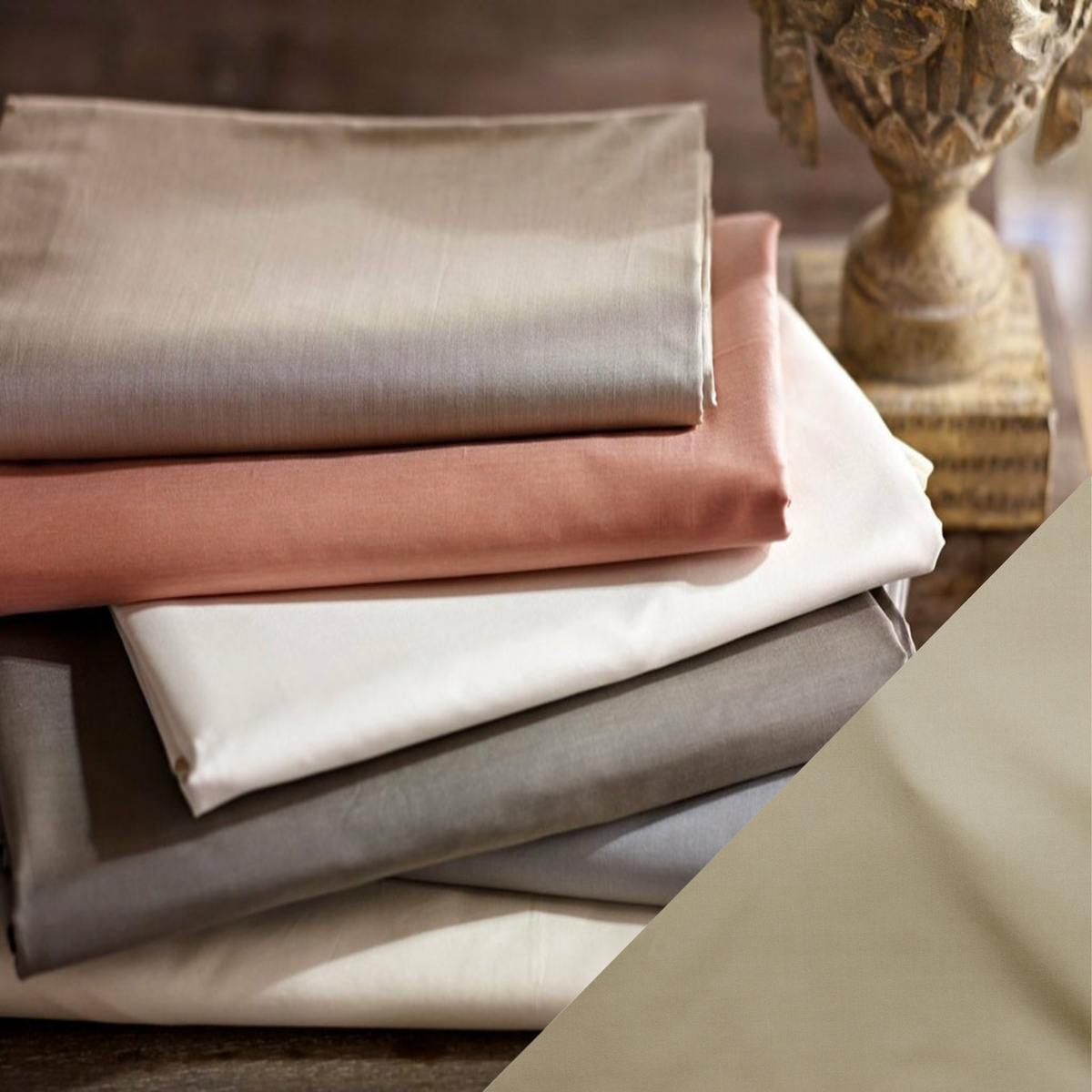 Closeup of SDH Capri Percale Bedding with Porcini color on side