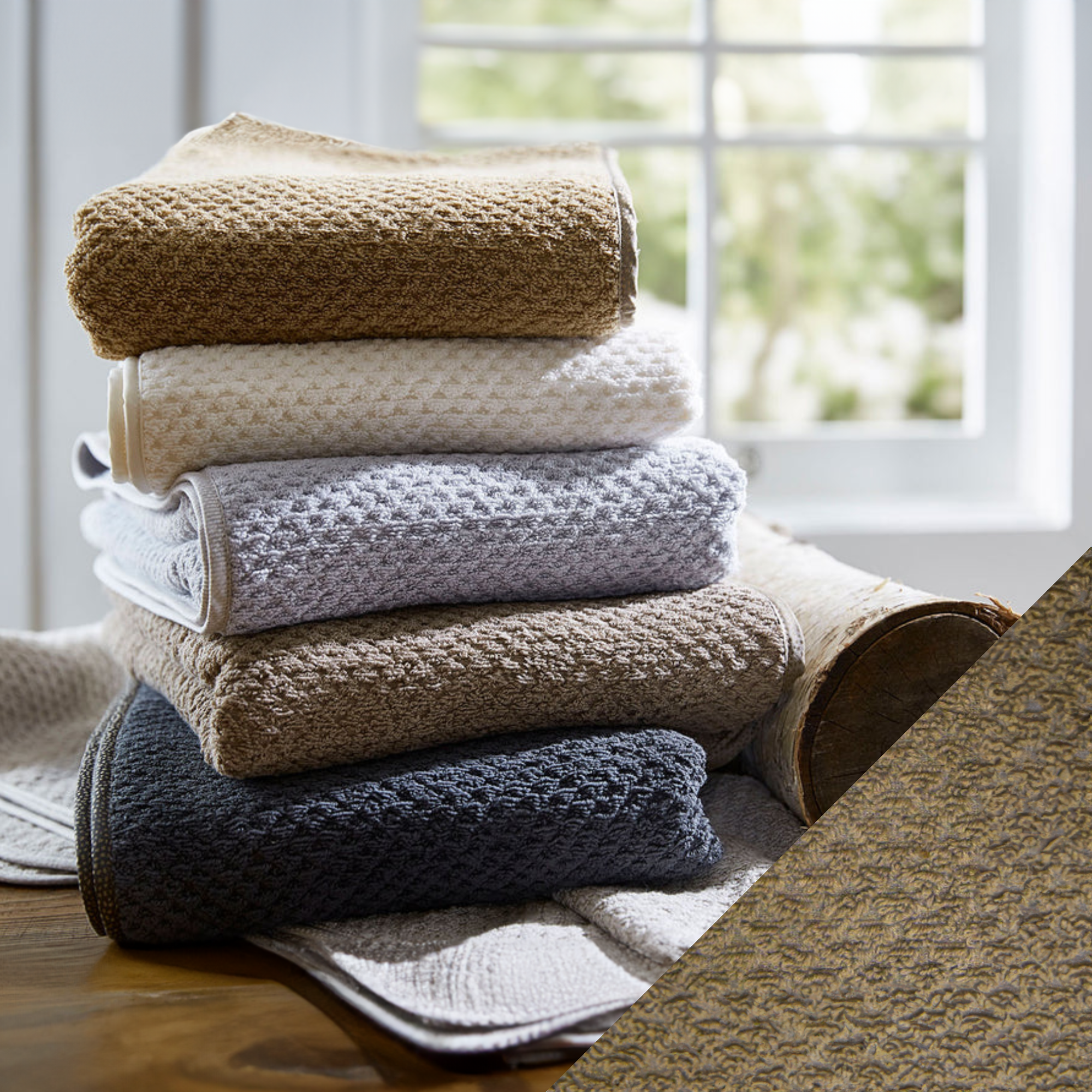 Stack of SDH Checkmate Bath Towels and Mats with Taupe Swatch