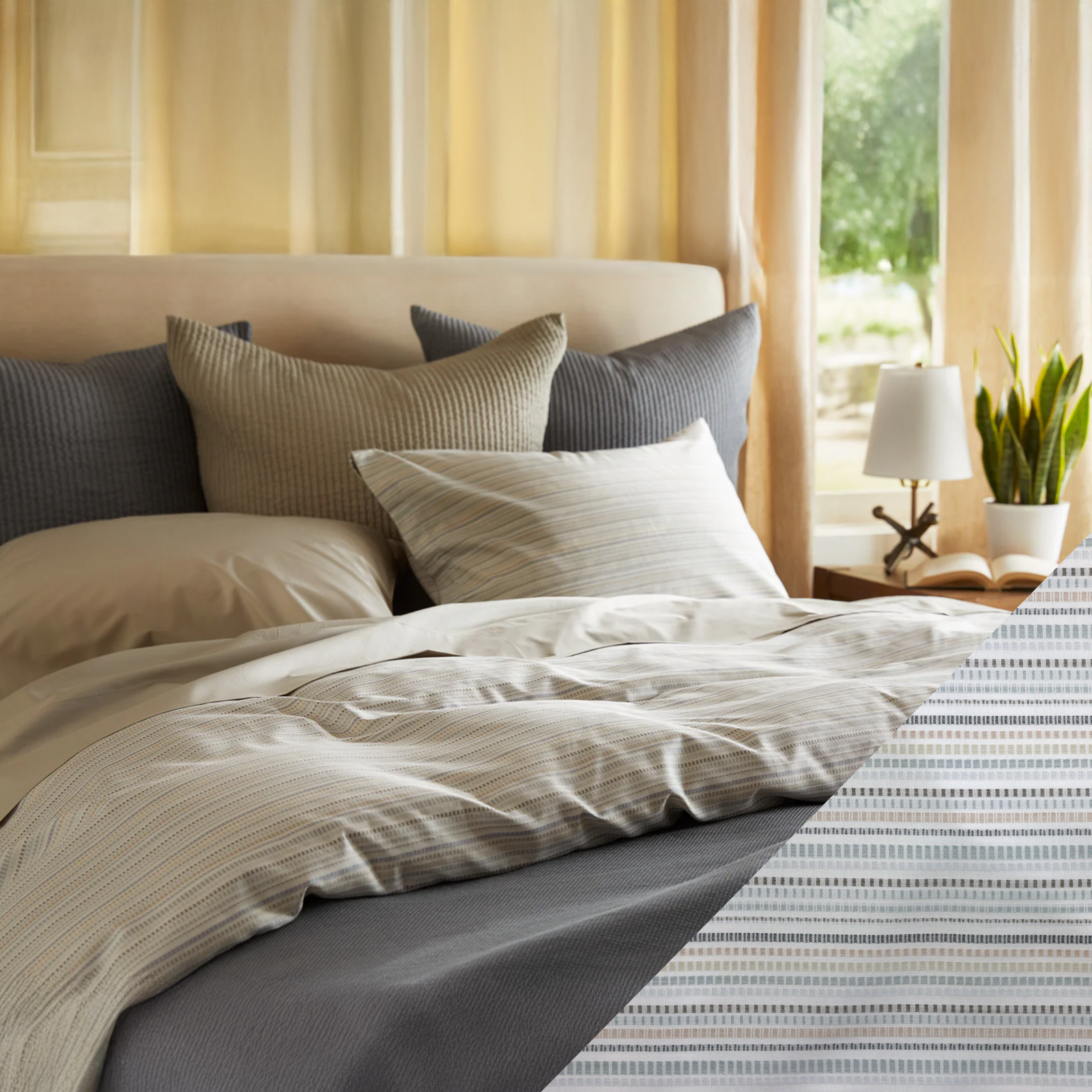 Closeup of SDH Confetti Bedding with Swatch Del Mar pettern on side