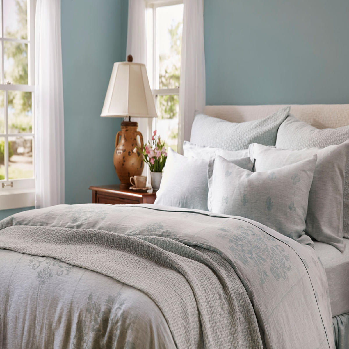SDH Eton in Caicos color with decorative pillows and bed cover coordinate