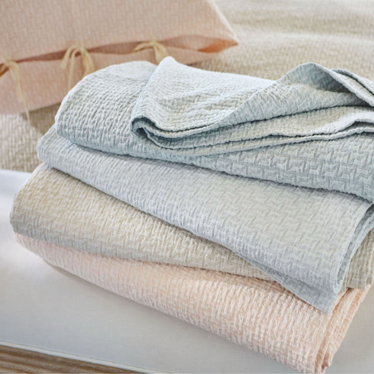 From top to bottom, SDH Eton bedding colors Slate, Dove, Dijon and Blush