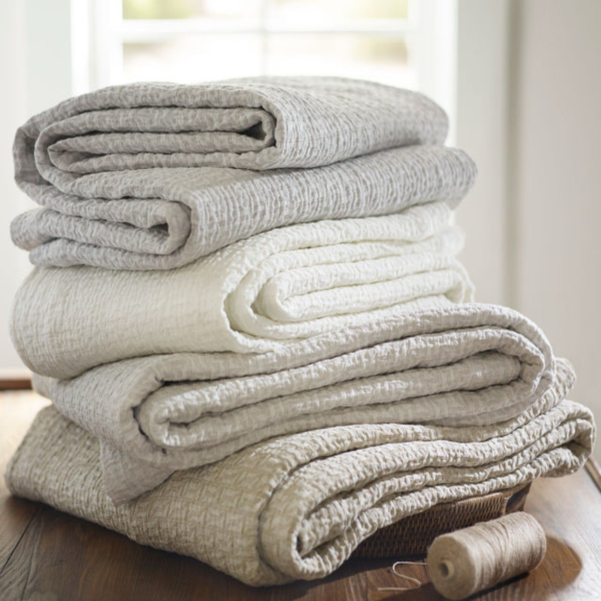 From top to bottom, SDH Eton bedding colors Dove, Stucco, Rye and Dijon