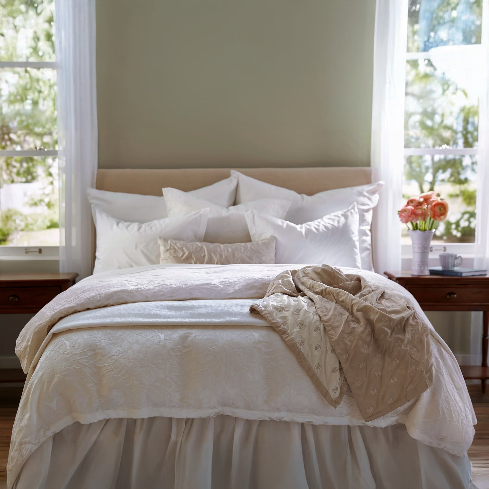 Hibiscus Snow duvet cover and european decorative pillow, Sumi Snow cover, Tayla Snow standard pillows and top sheet, Anna Ecru boudoir.