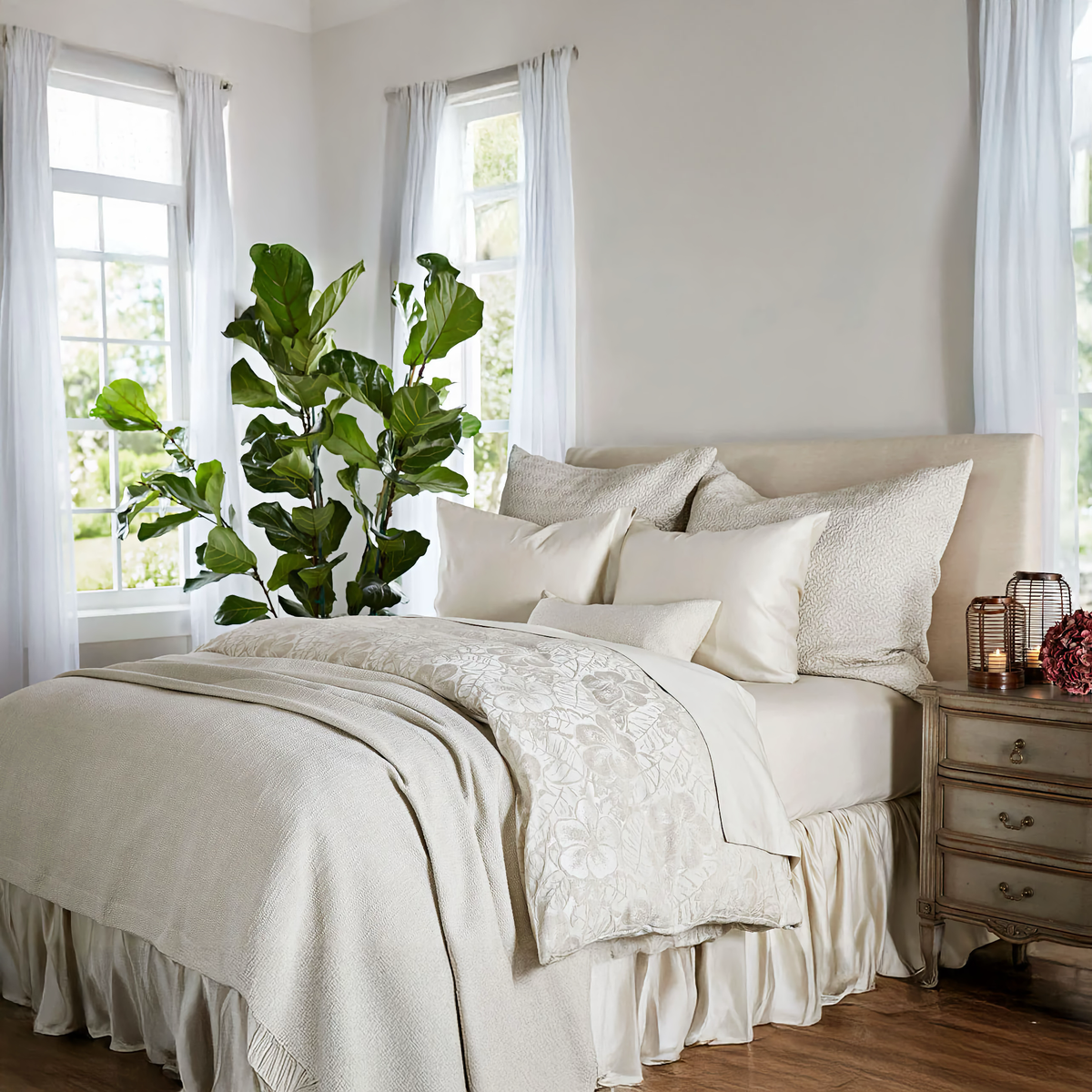 Hibiscus Platinum duvet cover, Sumi Platinum cover and boudoir, Allegro Platinum large decorative pillows, and Linen Plus by The Purists sheeting. 