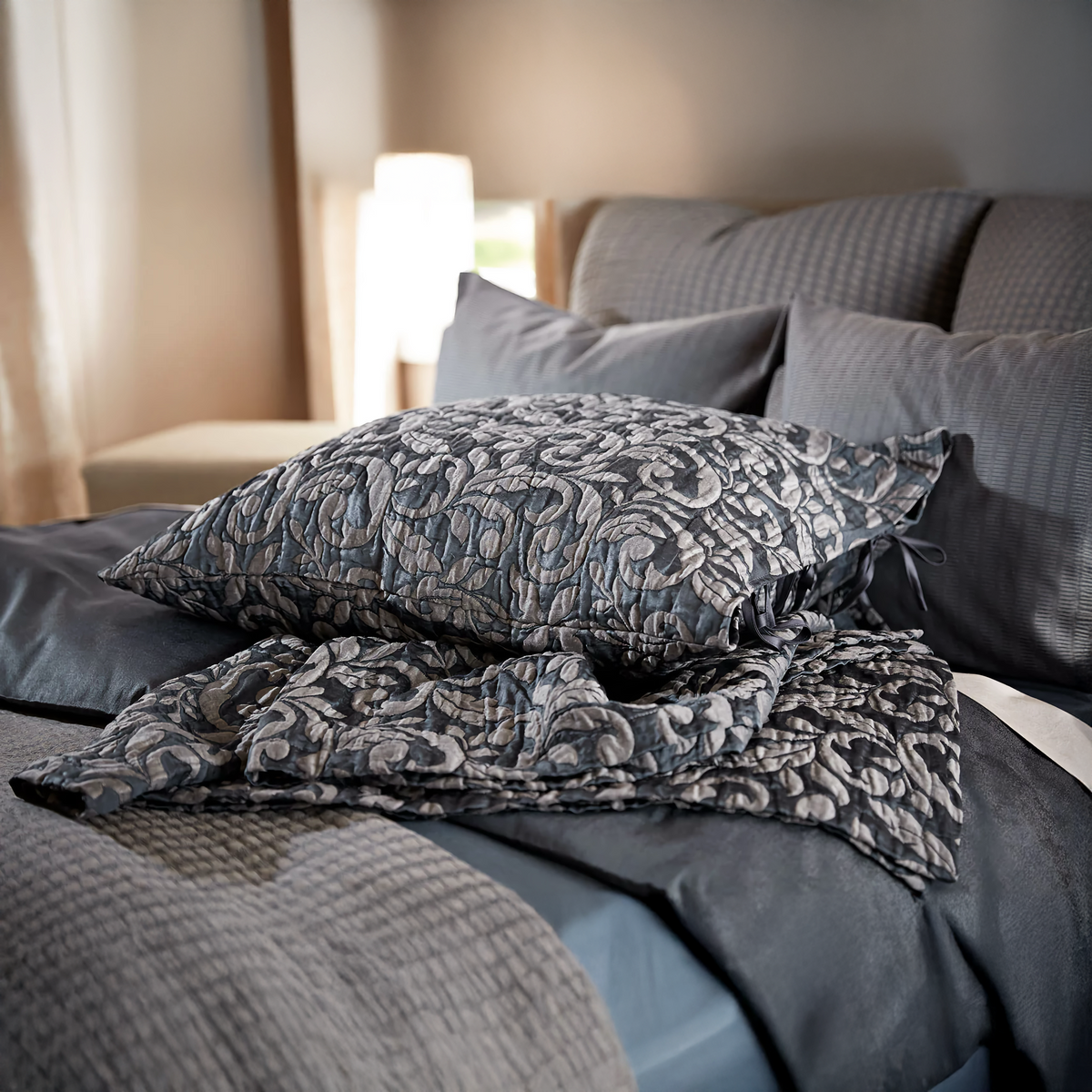 Jasmine Matelassé Indigo decorative pillow and cover,  Tayla Indigo duvet cover, Koji Indigo cover and large decorative pillows, Kenji Indigo standard pillows