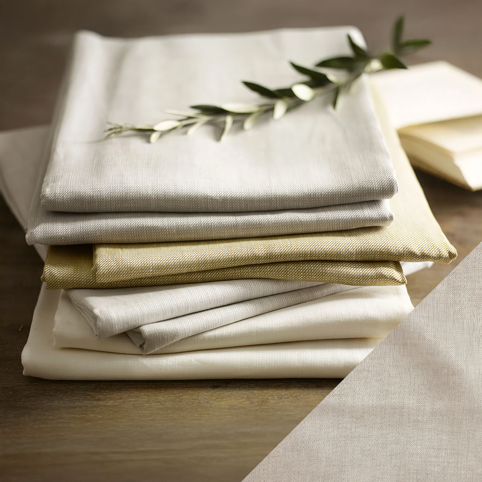 Stack of SDH Kent Bedding with Rye Swatch