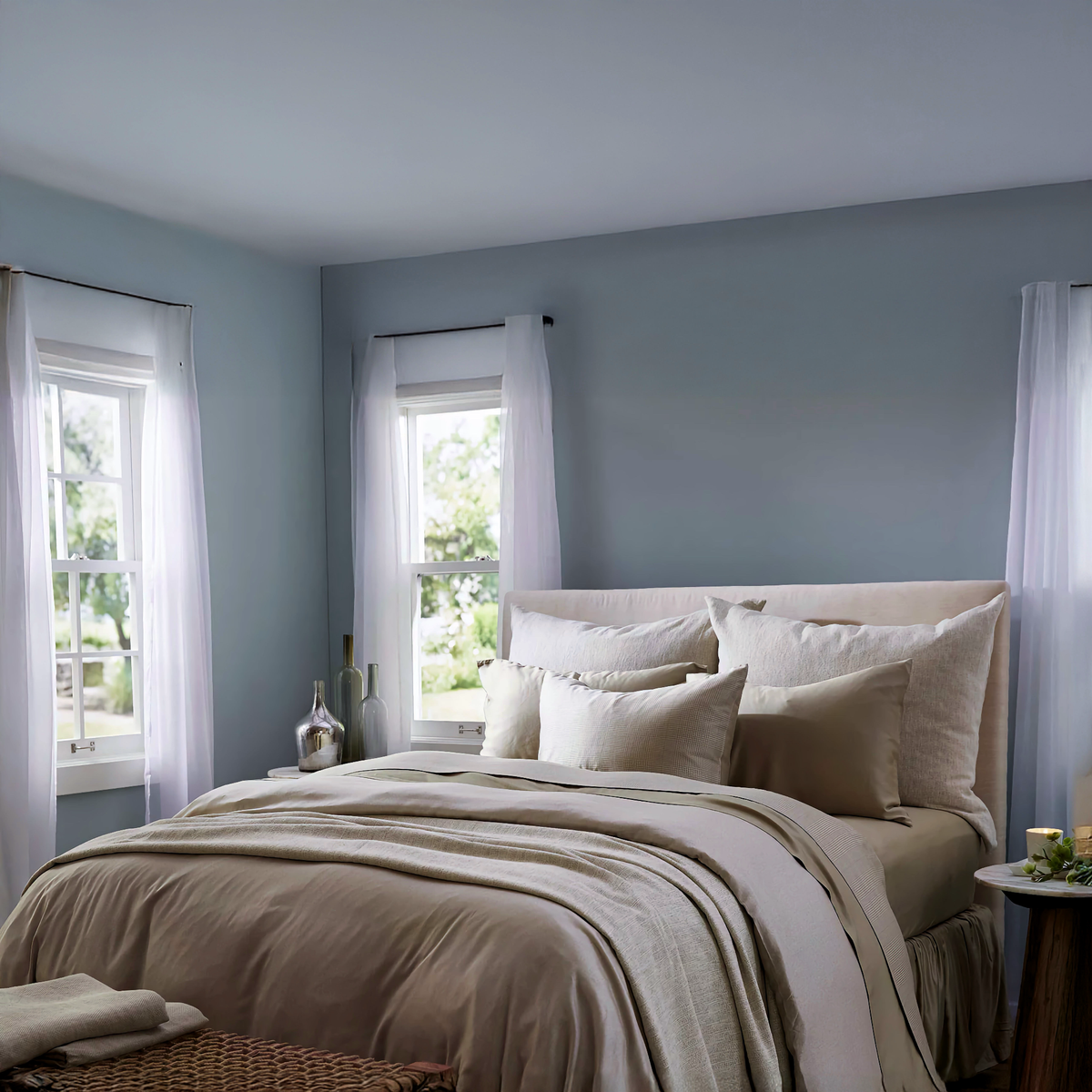 Rimini Flax duvet cover, Camden Tan cover and large decorative pillows, and Legna Classic Flax fitted, top sheet and standard pillows. 