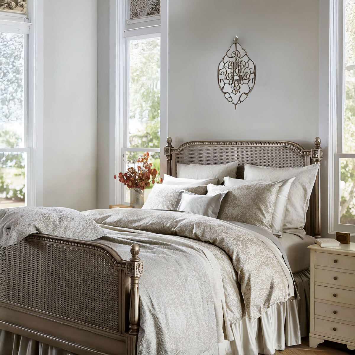 Livenza Oregano duvet cover and standard pillows,  Camden Tan cover and european decorative pillows, and Julia Oregano sheeting