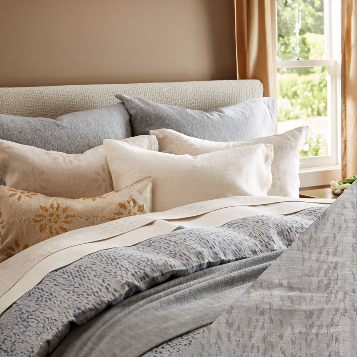 Lifestyle Image of SDH Milos Bedding in Dove Color