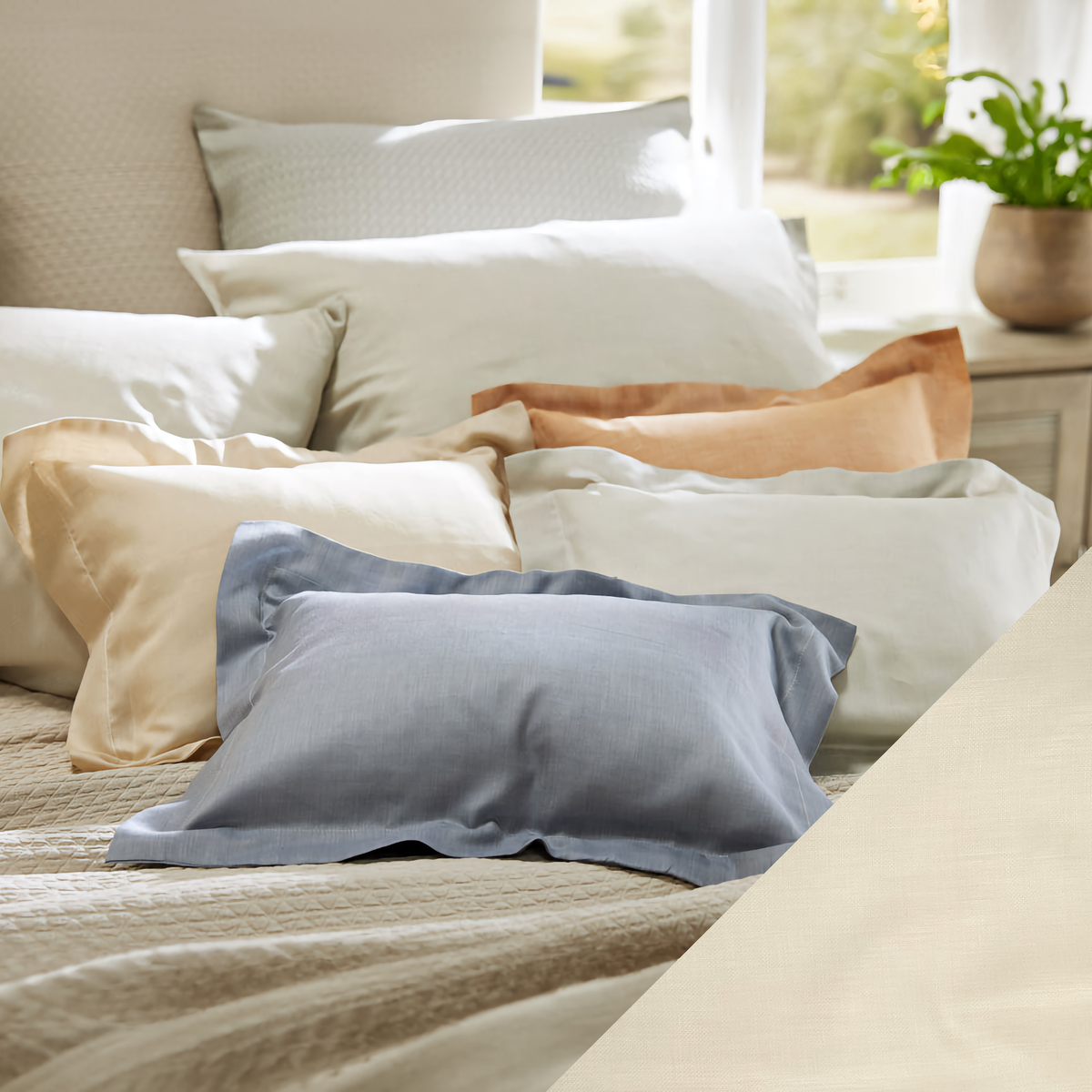 Lifestyle Image of SDH Mondo Bedding with Ivory Swatch