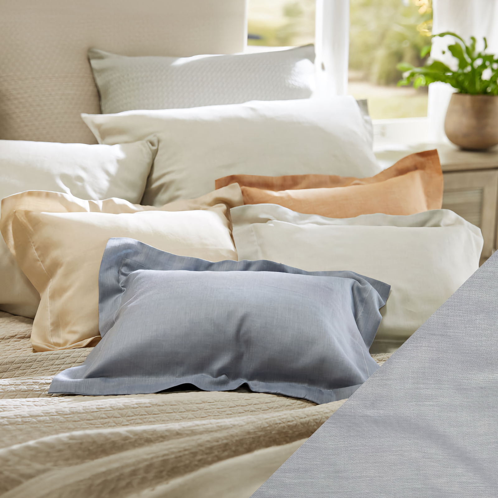 Lifestyle Image of SDH Mondo Bedding with Lapis Swatch