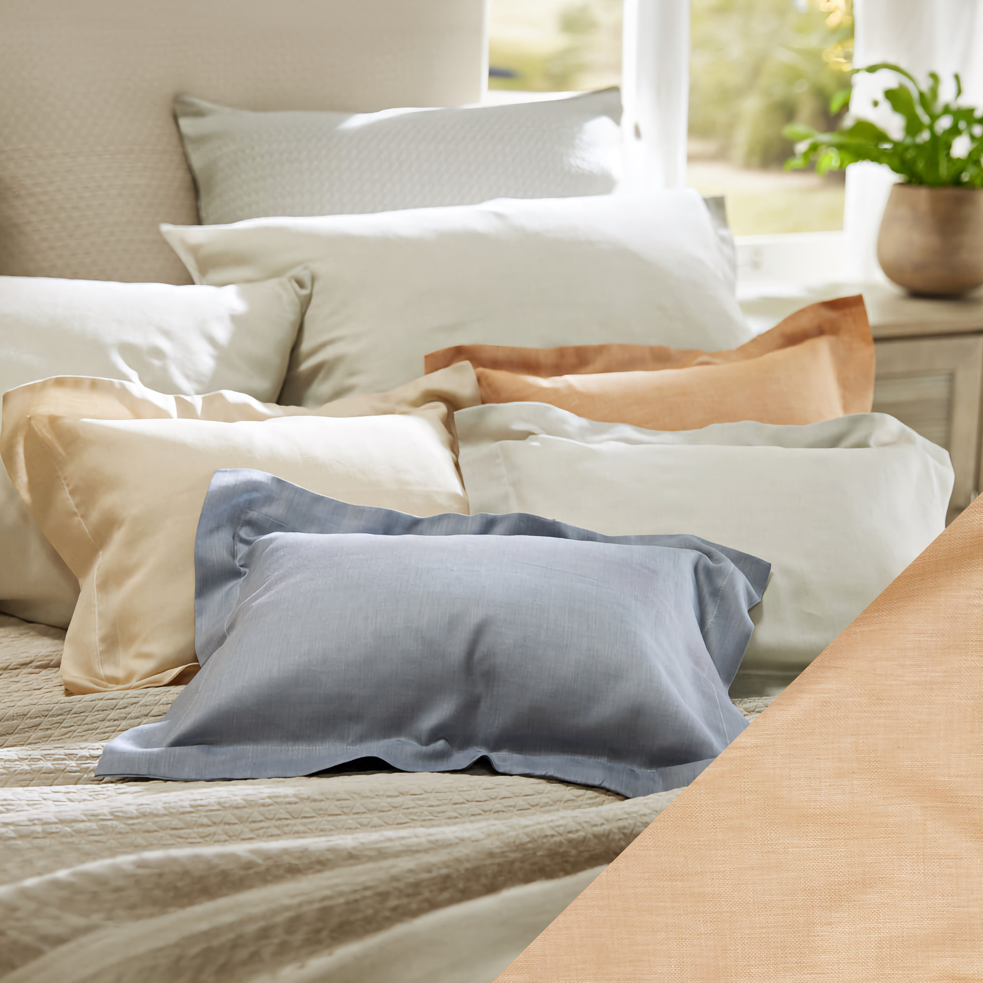 Lifestyle Image of SDH Mondo Bedding with Nutmeg Swatch