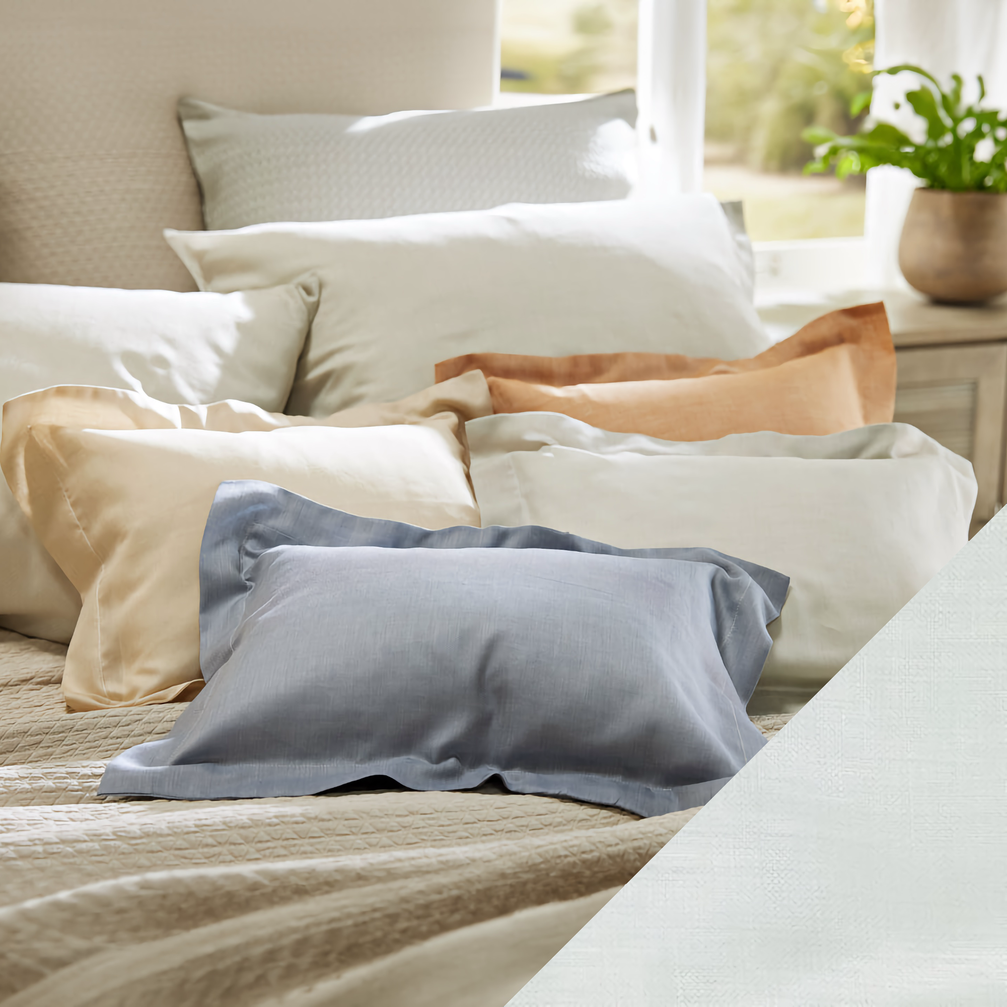 Lifestyle Image of SDH Mondo Bedding with Sage Swatch