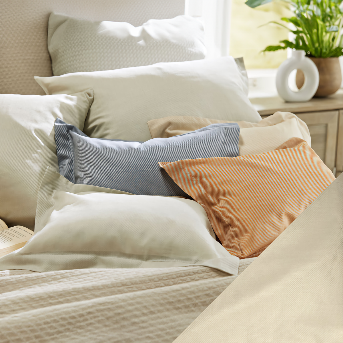 Lifestyle Image of SDH Noli Bedding with Ivory Swatch