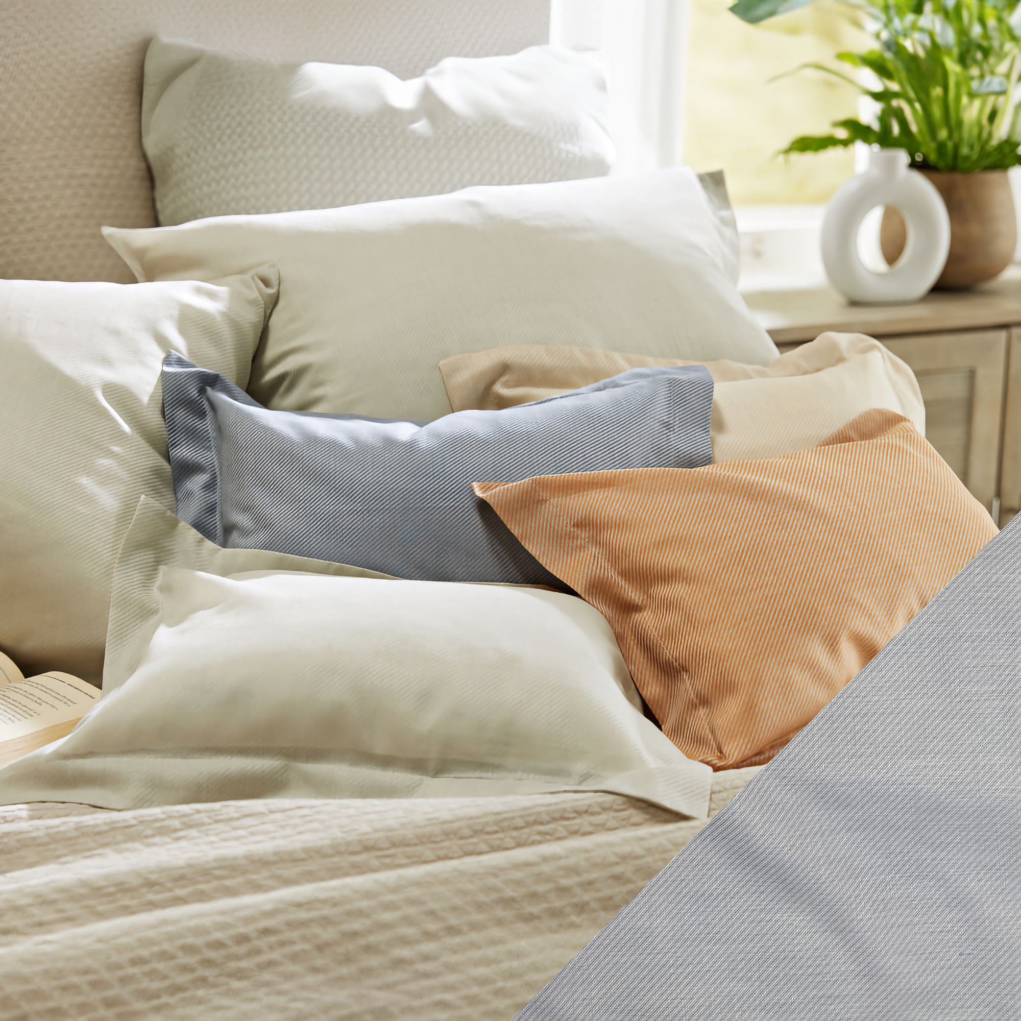 Lifestyle Image of SDH Noli Bedding with Lapis Swatch