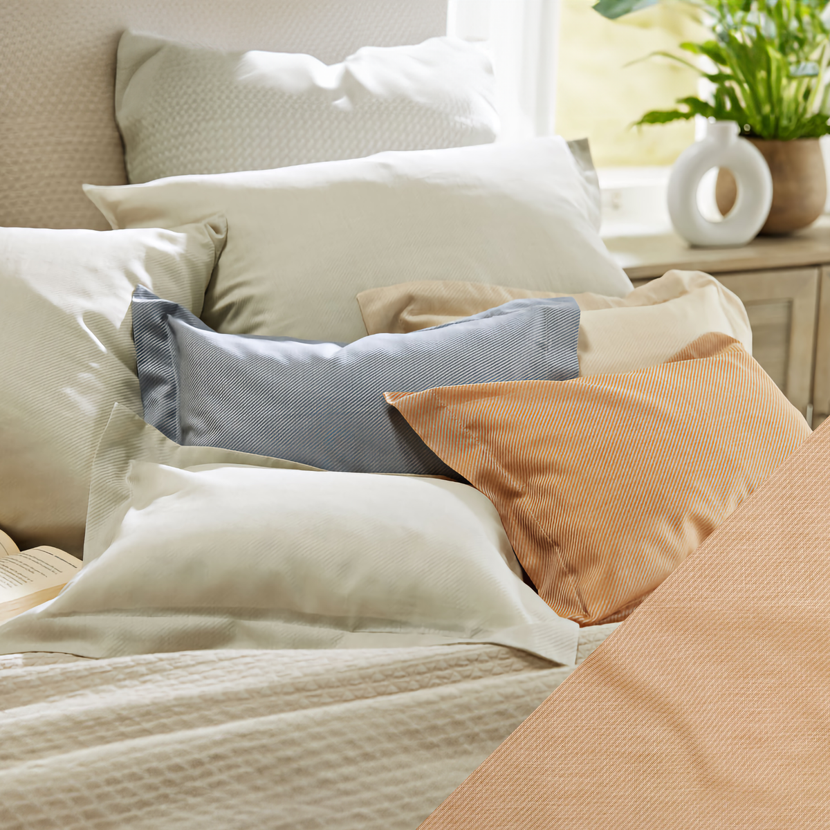 Lifestyle Image of SDH Noli Bedding with Nutmeg Swatch