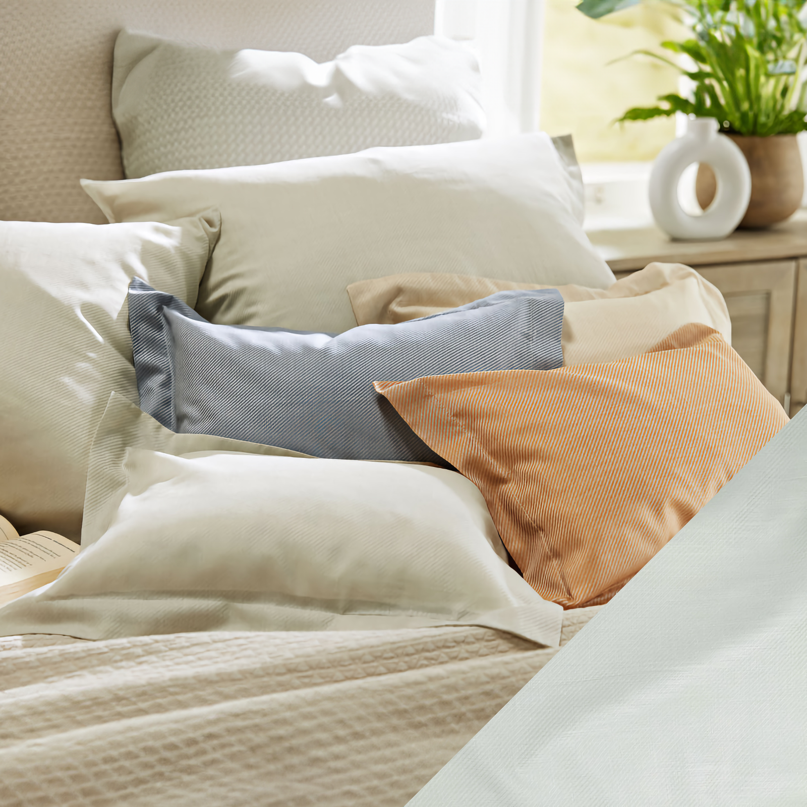 Lifestyle Image of SDH Noli Bedding with Sage Swatch