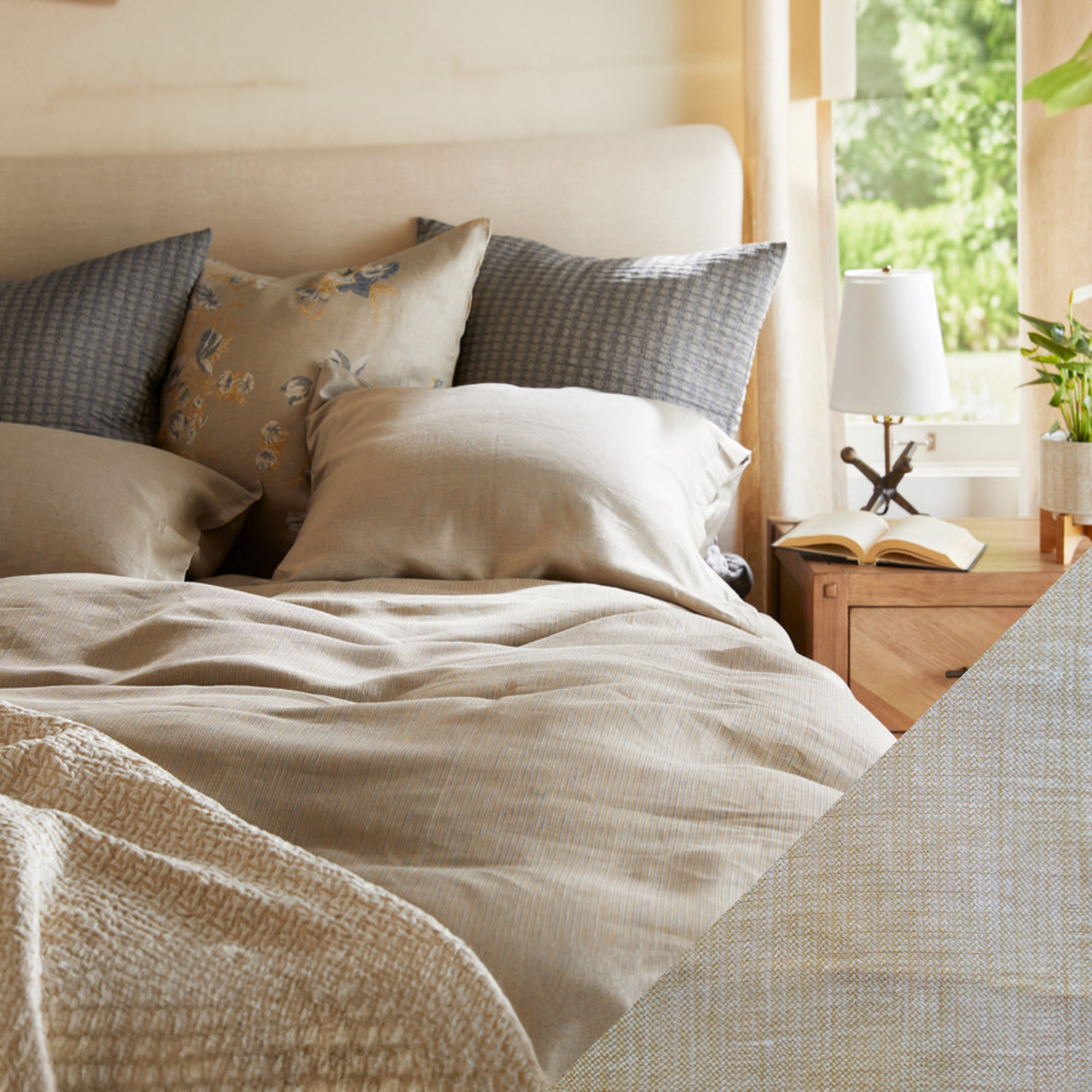 Lifestyle Image of SDH Oxford Bedding with Dijon Color Swatch