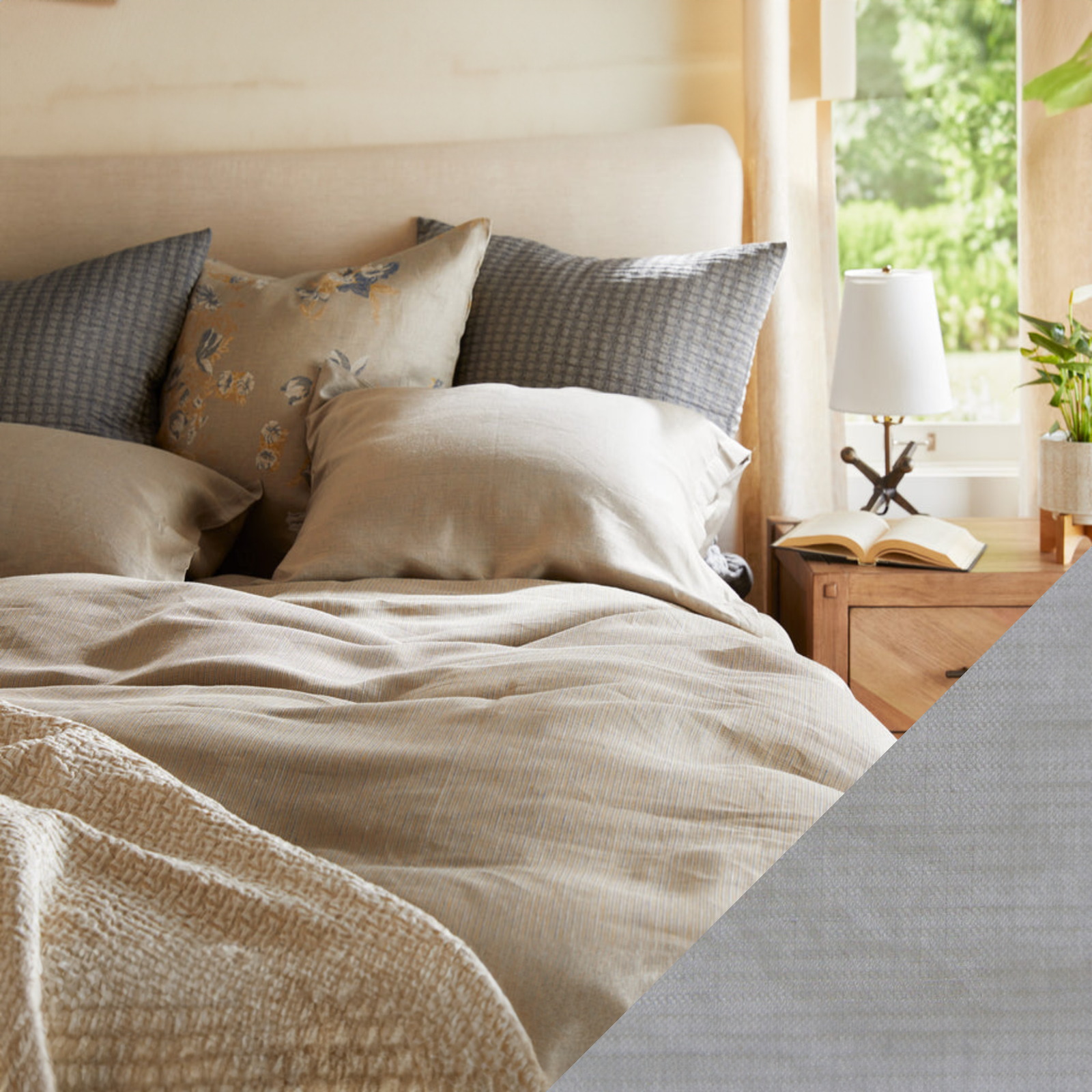 Lifestyle Image of SDH Oxford Bedding with Dove Color Swatch