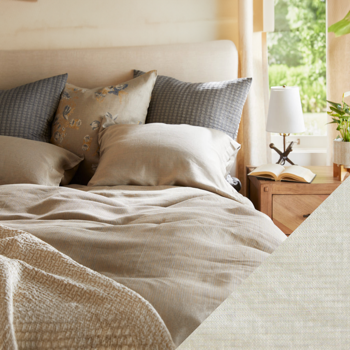 Lifestyle Image of SDH Oxford Bedding with Stucco Color Swatch