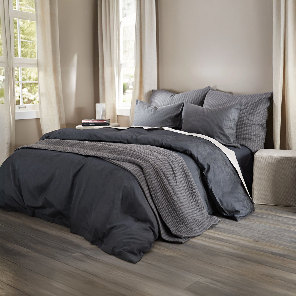 Patina Indigo Duvet cover, Koji Indigo large decorative pillows and cover, Kenji Indigo standard pillows. and Tayla Indigo fitted sheet