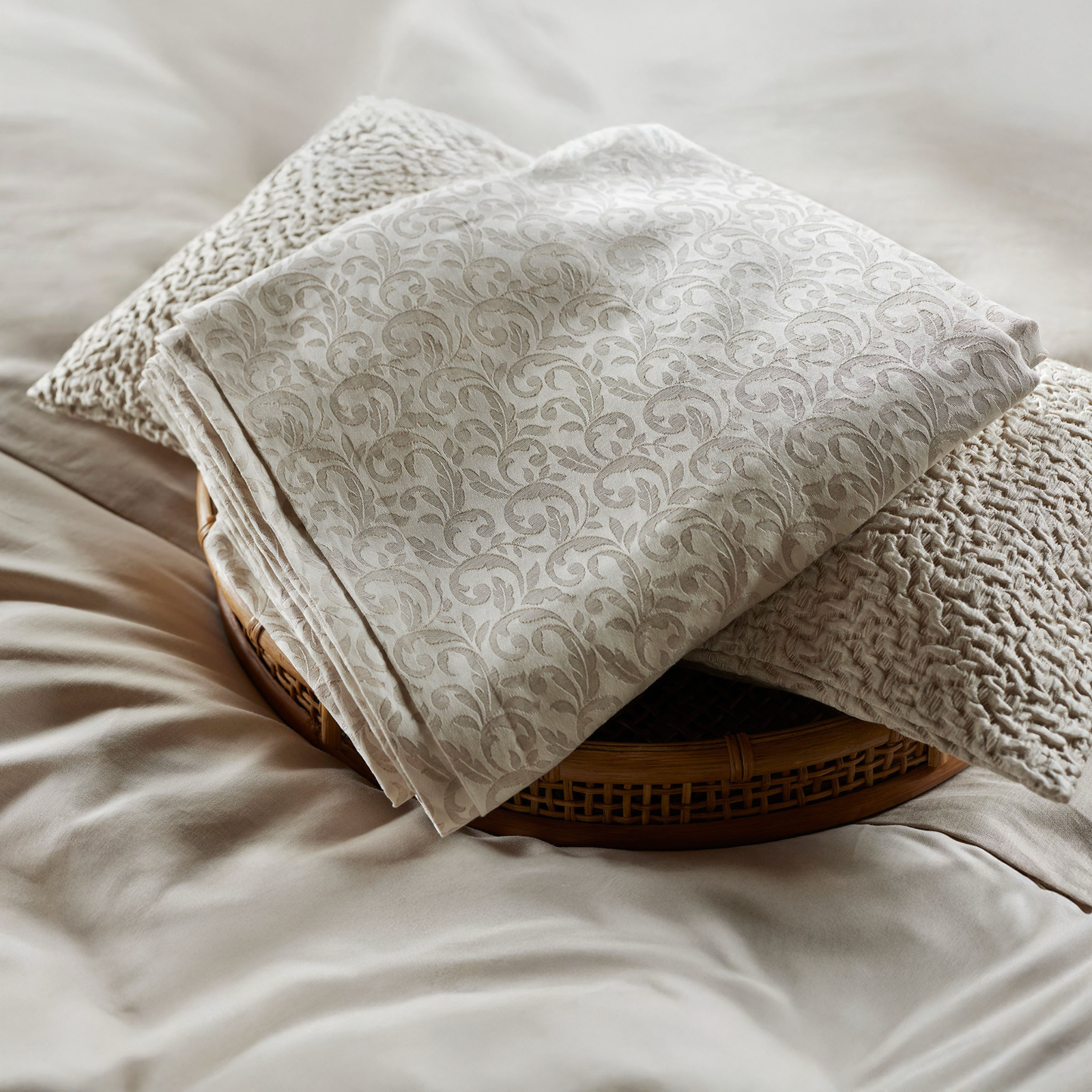 Petite Jasmine by The Purists cover, Allegro Platinum by The Purists 12" x 24" decorative pillow, Classic Linen by The Purists duvet cover.