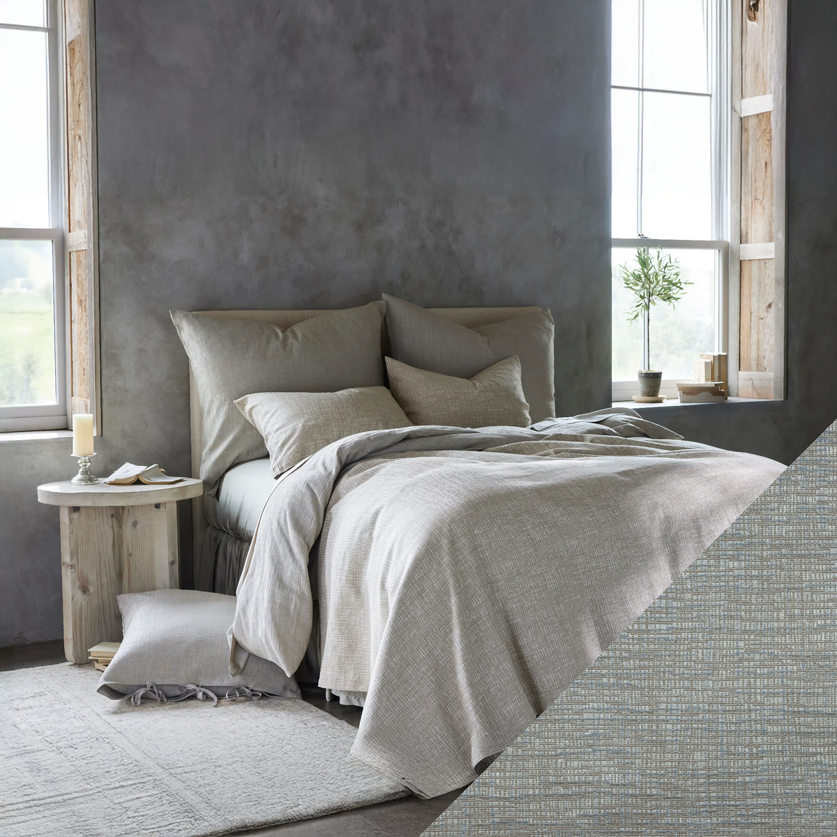 Bed in SDH Sharif Bedding with Tweed Swatch