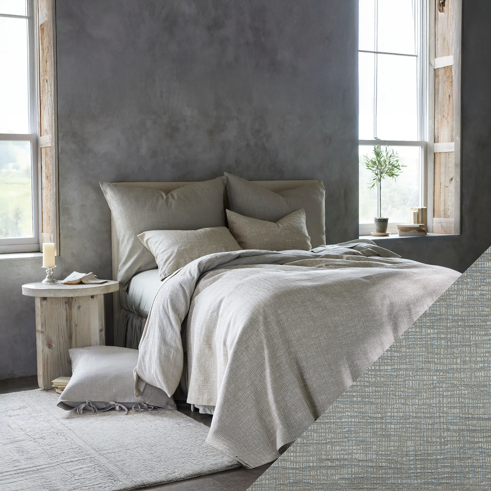 Bed in SDH Sharif Bedding with Tweed Swatch