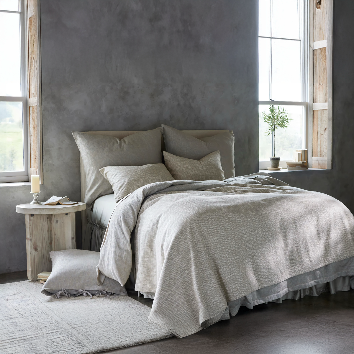 Sharif Sahara cover and standard decorative pillows, Sharif Tweed duvet cover and large decorative pillows, and Sharif Steel european decorative pillow (by night stand)