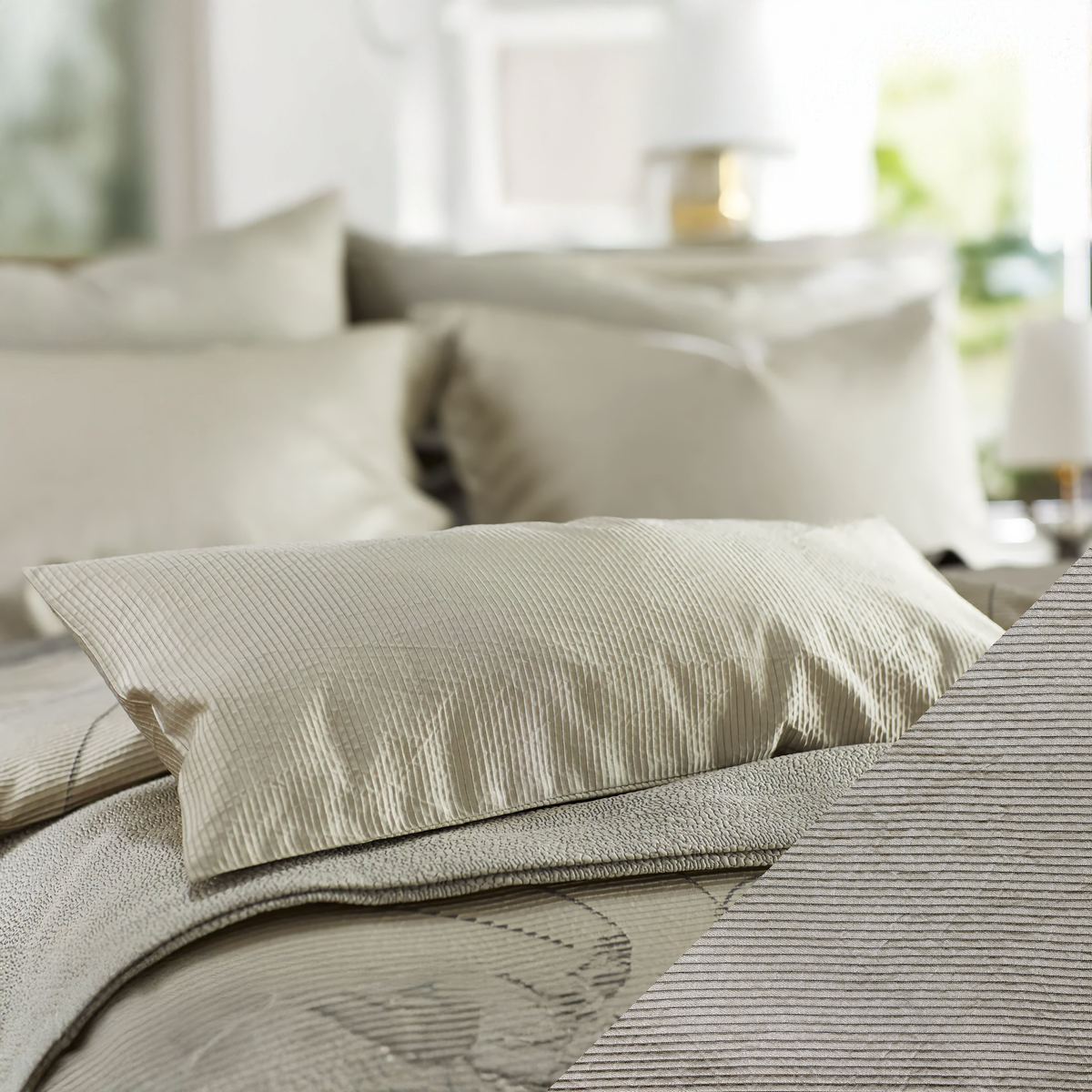 Closeup of SDH Shutter Bedding with Ash Swatch