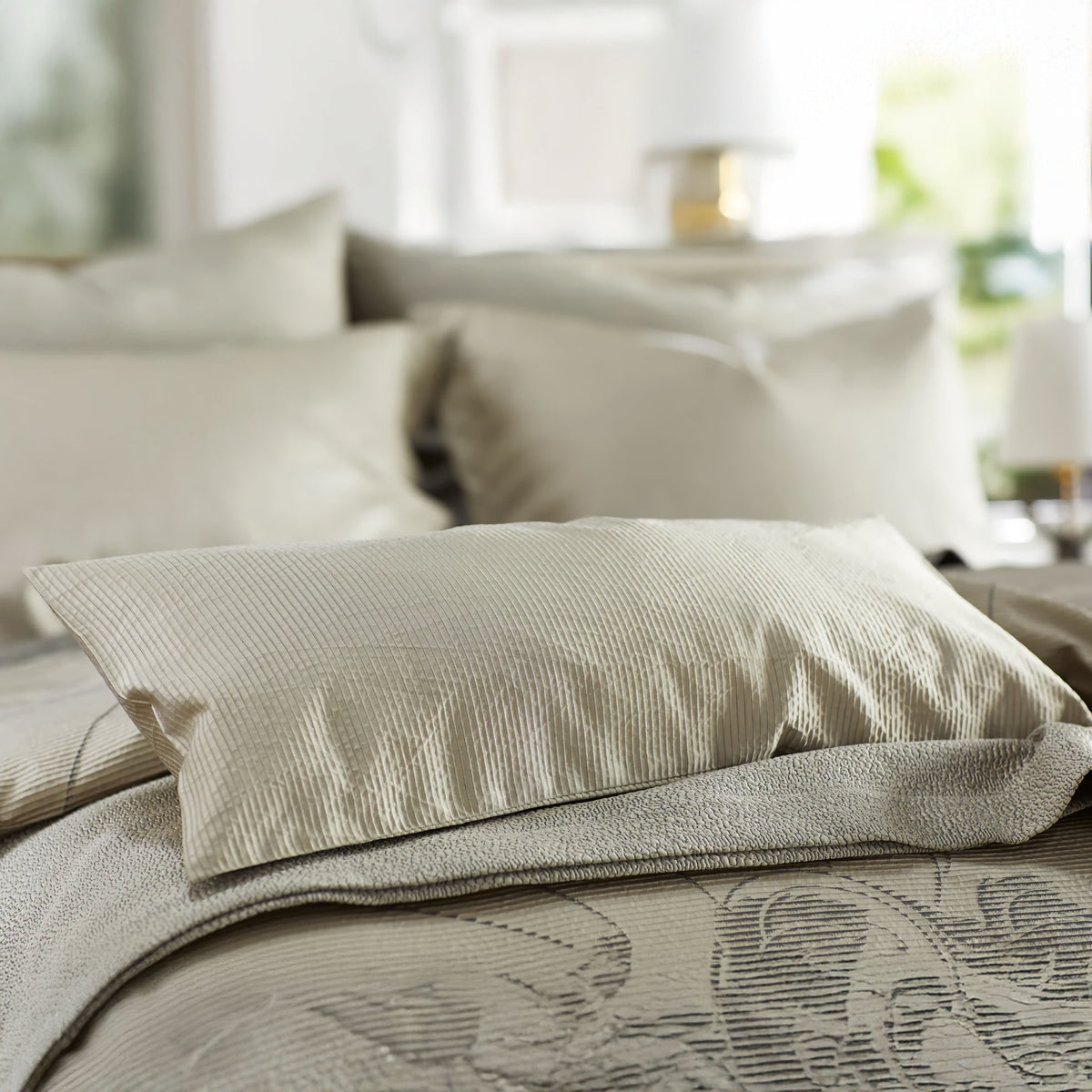 Shutter Sahara 12" x 24" decorative pillows, Zoya Ash duvet cover, Sumi Ash cover