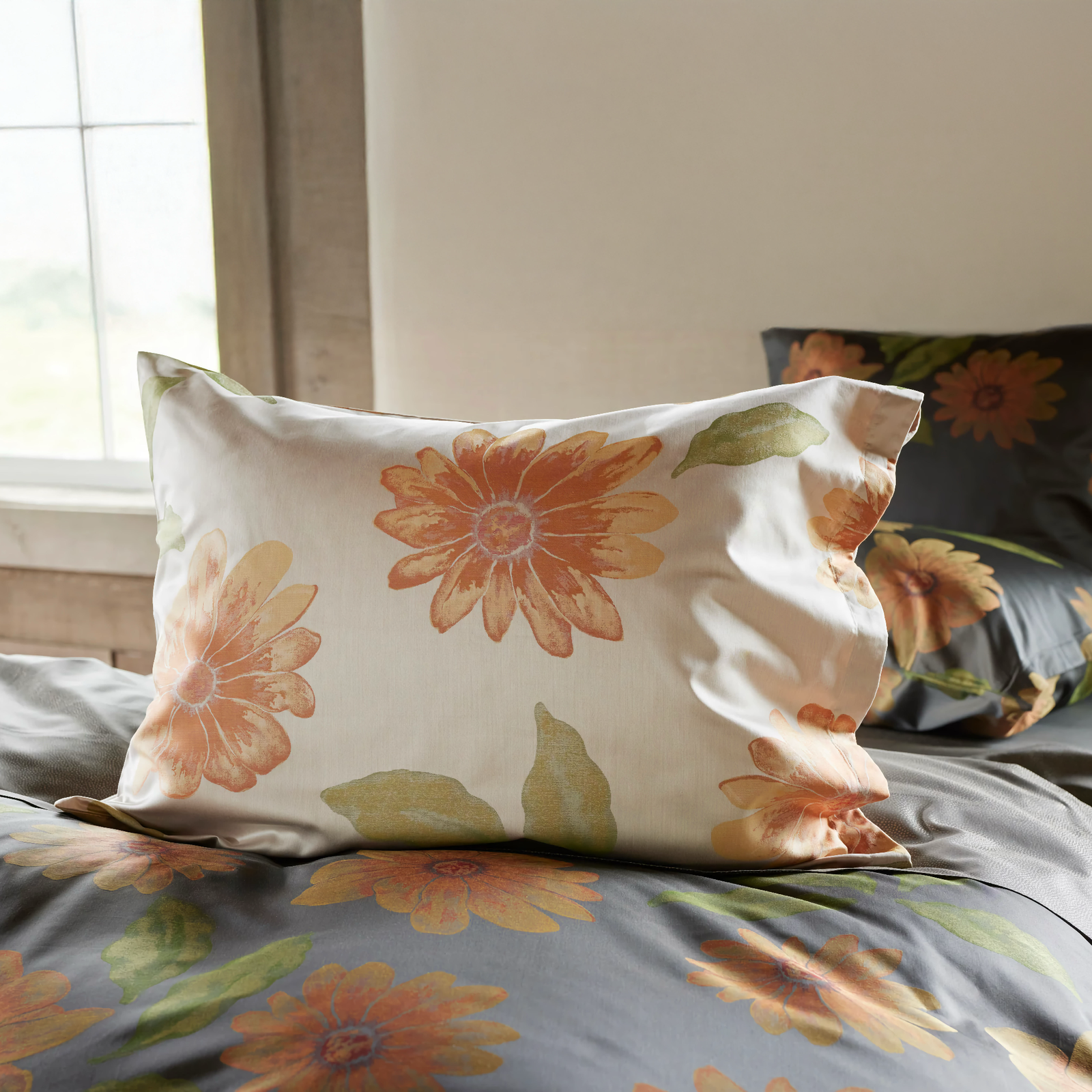 Sole Fawn standard pillow, Gobi Midnight top sheet, Sole Midnight duvet cover and standard and european pillows