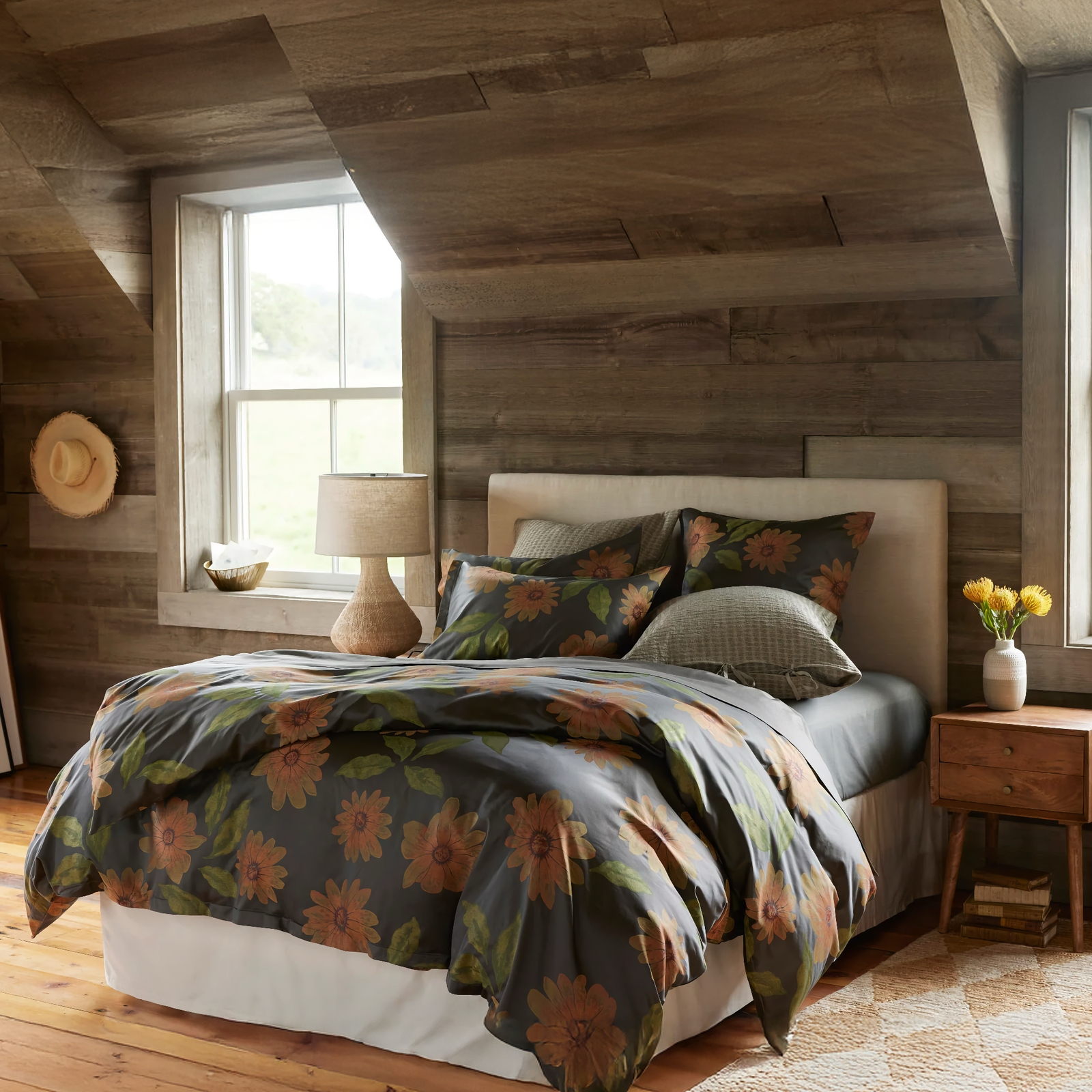 Sole Midnight duvet cover, standard pillows and european pillow, Koji Ash european decorative pillow, Julia Midnight fitted sheet, Gobi Midnight top sheet. 