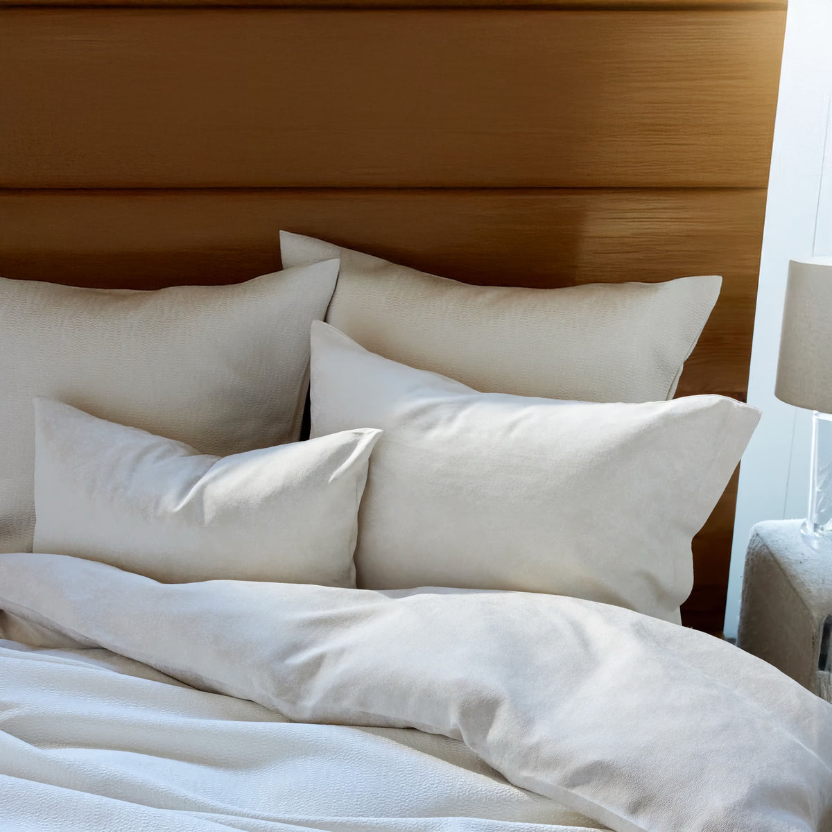 Speckle Sahara duvet cover, standard pillow, and 12" x 24" decorative pillow, Sumi Snow european decorative pillows and cover.